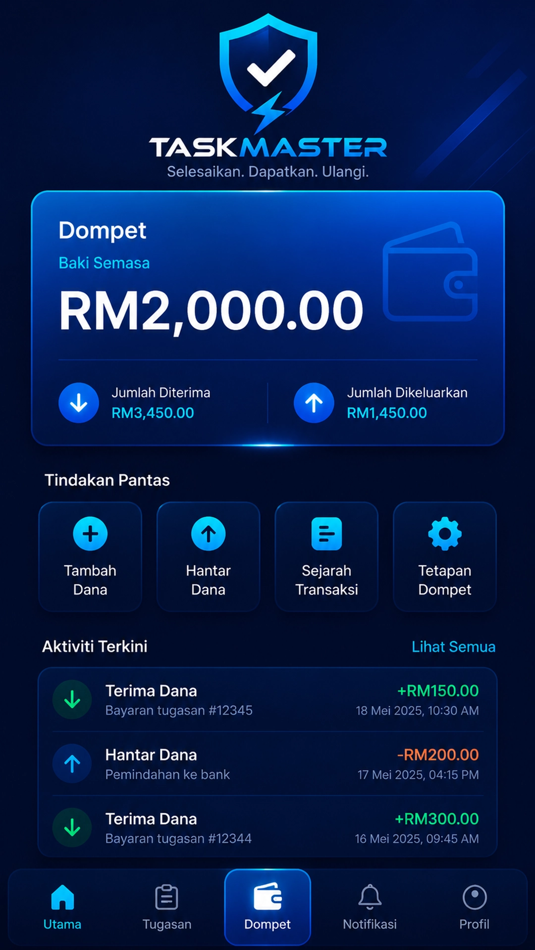 Paparan wallet TaskMaster dengan baki RM2,000
