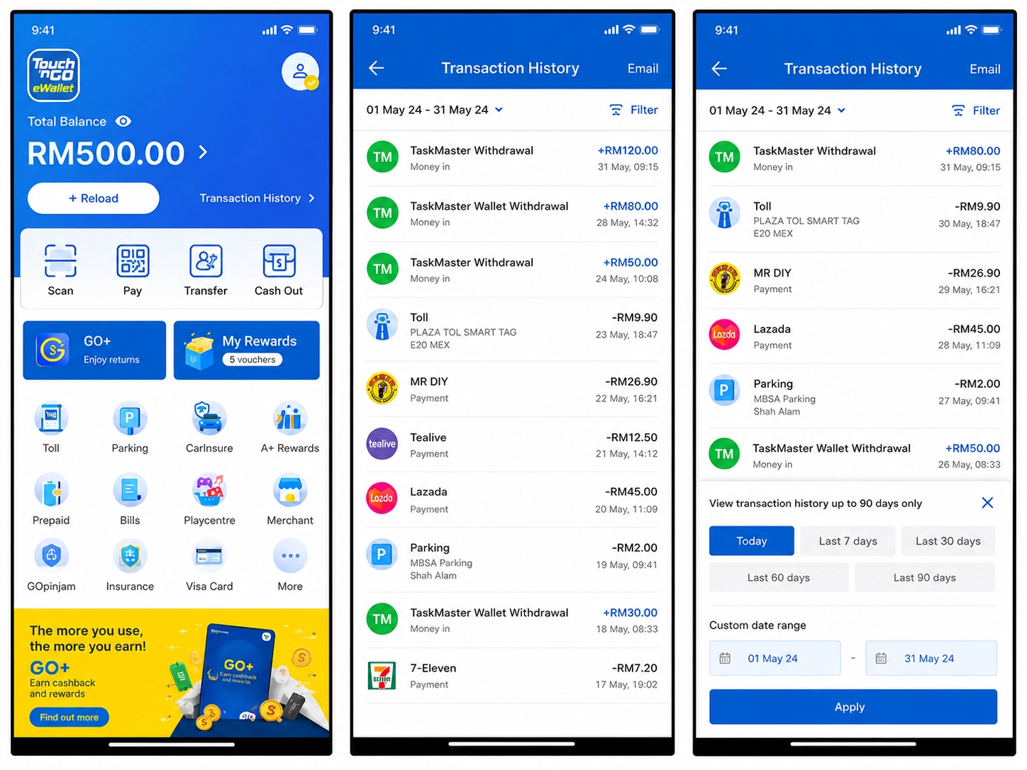 Paparan transaksi wallet dan pengeluaran ke Touch 'n Go eWallet