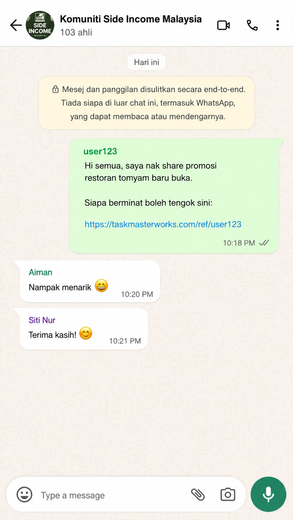 Contoh tugasan share promosi dalam aplikasi TaskMaster